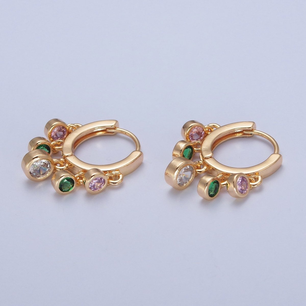 24K Gold Filled Multicolor Cubic Zirconia Clear Green Pink Charm Dangle Huggie Hoop Earrings P-402 - DLUXCA