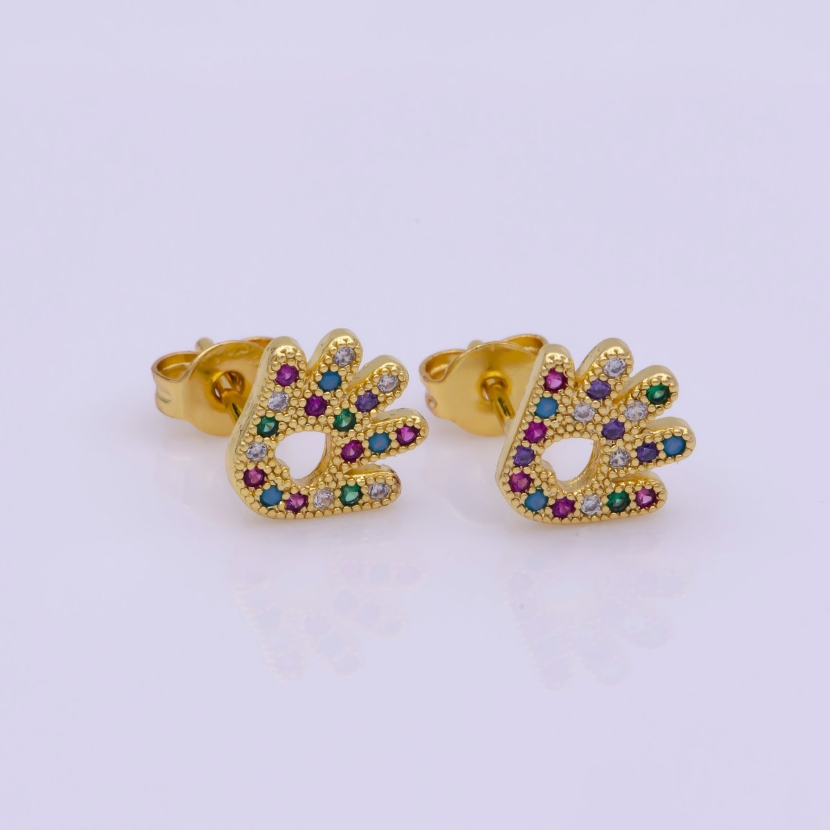 24K Gold Filled Multicolor CZ Micro Paved Hand Love Palm Stud Earrings | Leo-561 - DLUXCA