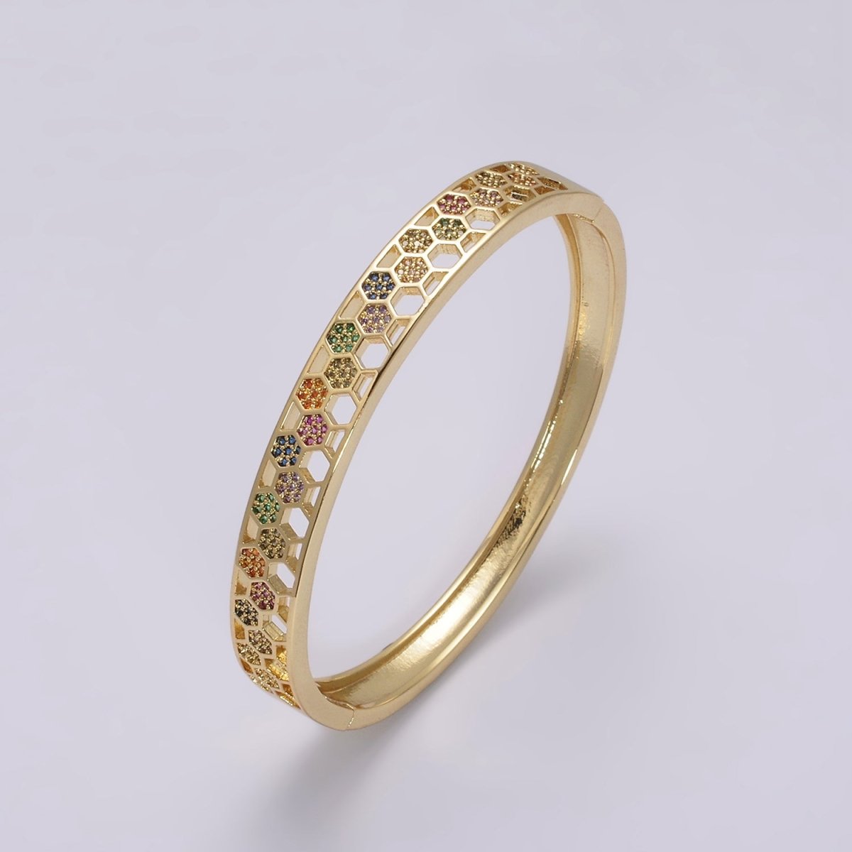 24K Gold Filled Multicolor CZ Micro Paved Open Hexagonal Lined Bangle Bracelet | WA-425 Clearance Pricing - DLUXCA