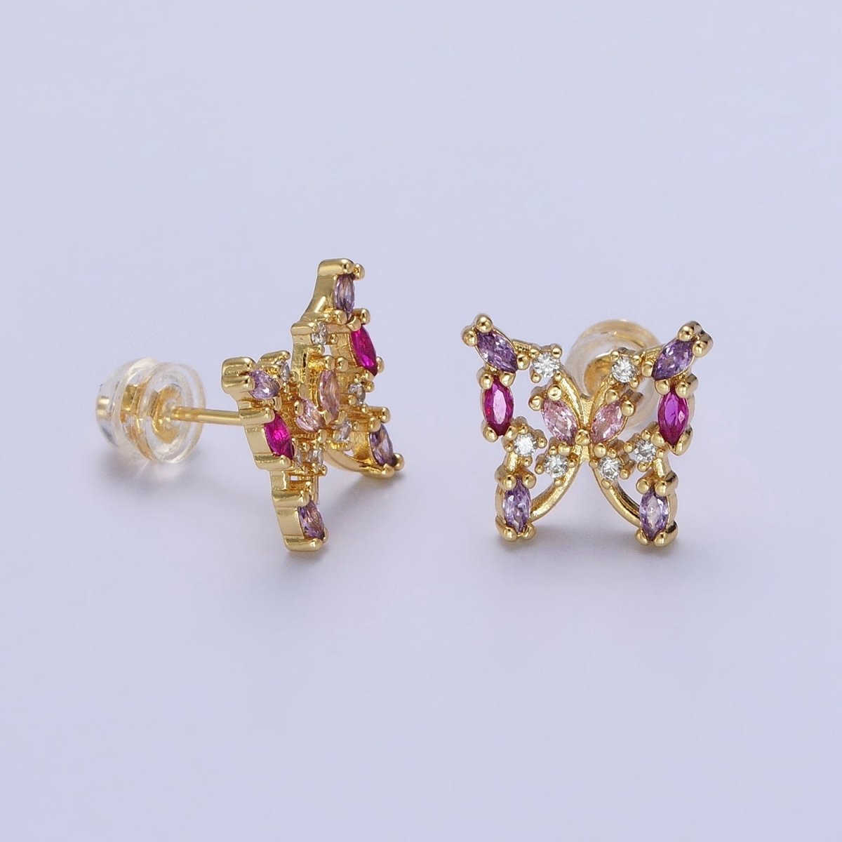 24K Gold Filled Multicolor Marquise CZ Butterfly Mariposa Stud Earrings in Gold & Silver | AB619 AB620 - DLUXCA