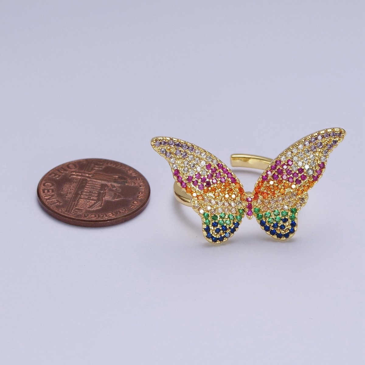 24K Gold Filled Multicolor Rainbow Butterfly Mariposa Cubic Zirconia Adjustable Statement Ring | X-601 - DLUXCA
