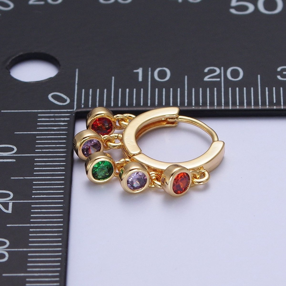 24K Gold Filled Multicolor Round Cubic Zirconia CZ Charm Dangle Huggie Hoop Earrings T-188 - DLUXCA