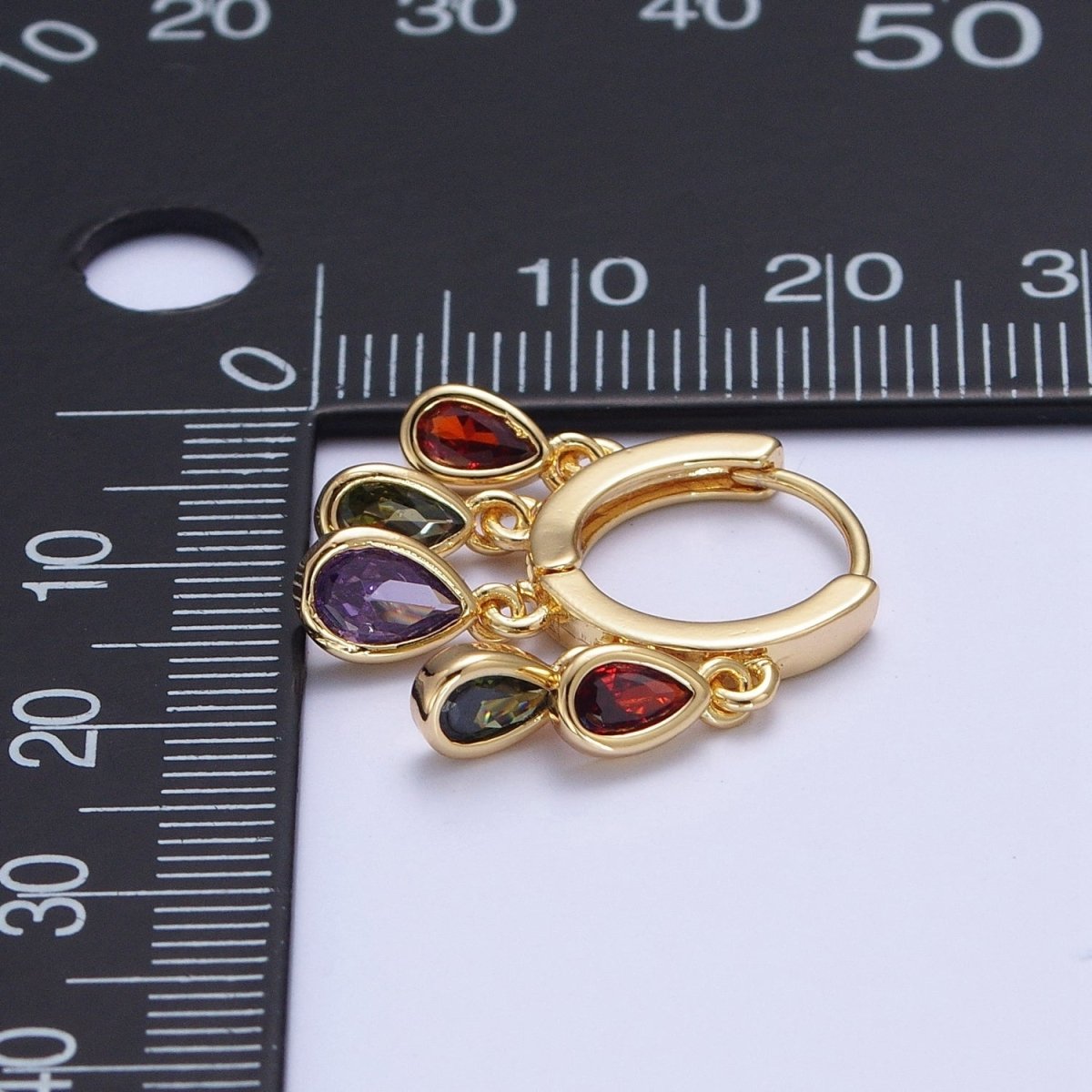 24K Gold Filled Multicolor Teardrop CZ Drop Huggie Earrings | T189 - DLUXCA