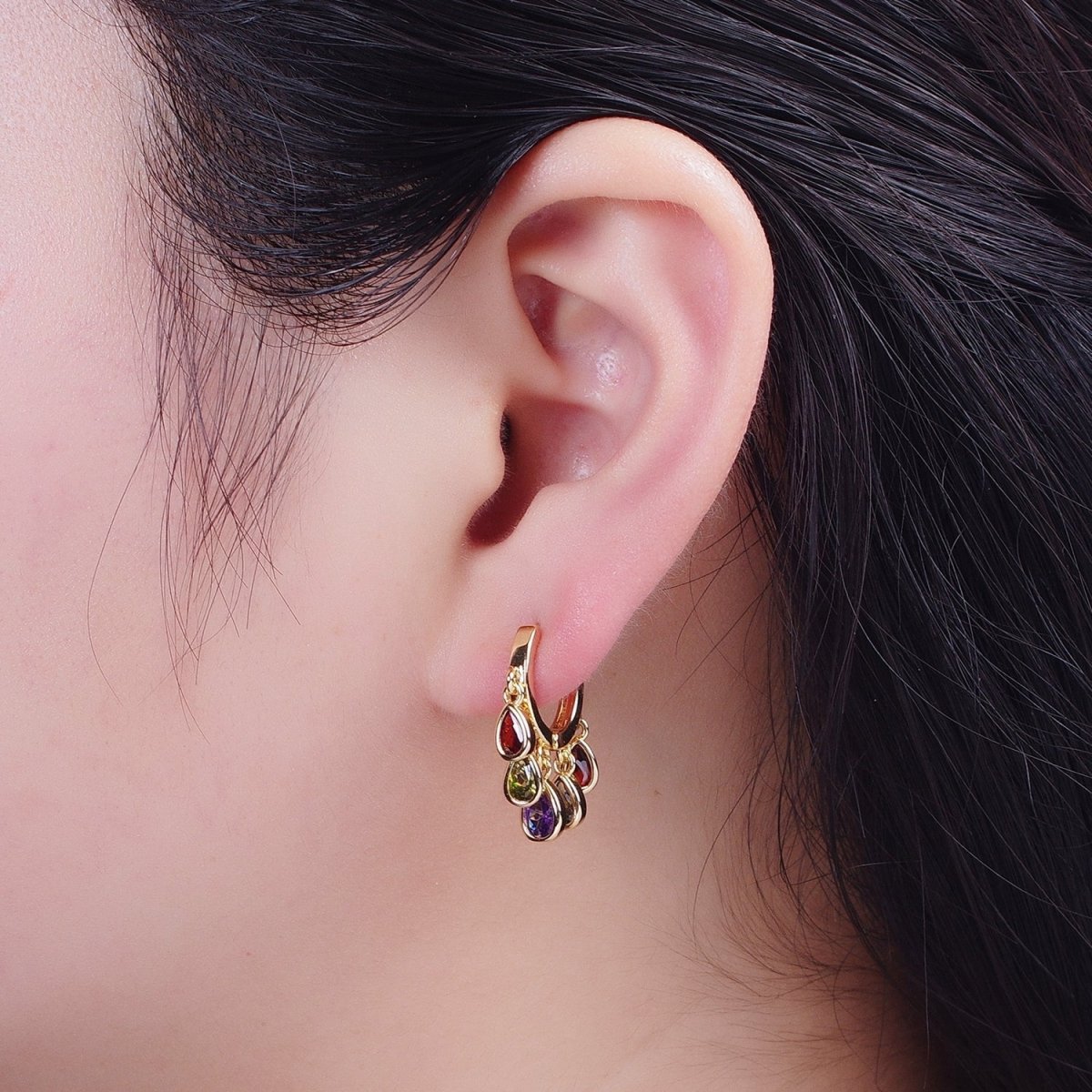 24K Gold Filled Multicolor Teardrop CZ Drop Huggie Earrings | T189 - DLUXCA