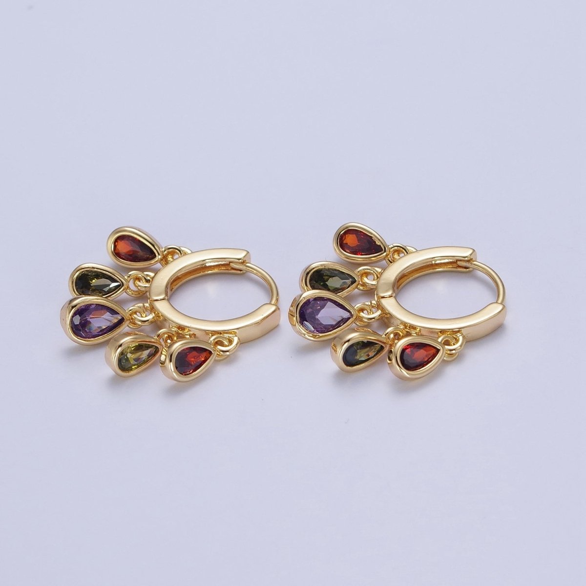 24K Gold Filled Multicolor Teardrop CZ Drop Huggie Earrings | T189 - DLUXCA