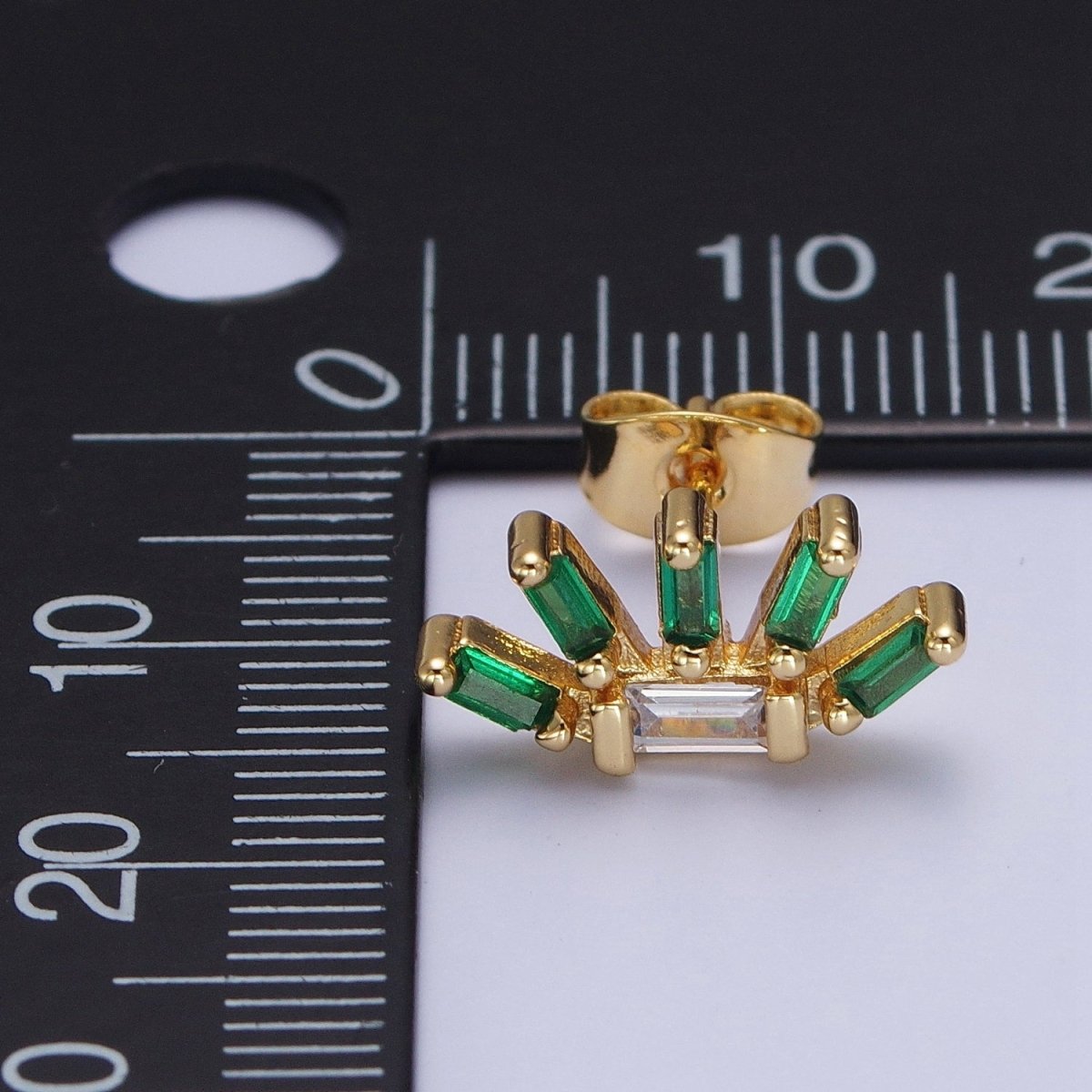 24K Gold Filled Multiple Green & Clear Baguette Cubic Zirconia Plant Flower Stud Earrings | X-861 - DLUXCA