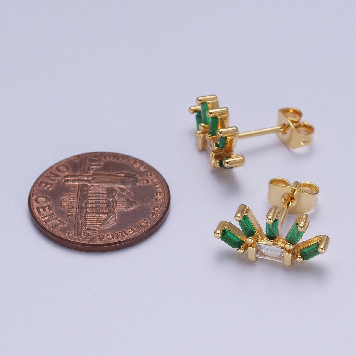 24K Gold Filled Multiple Green & Clear Baguette Cubic Zirconia Plant Flower Stud Earrings | X-861 - DLUXCA