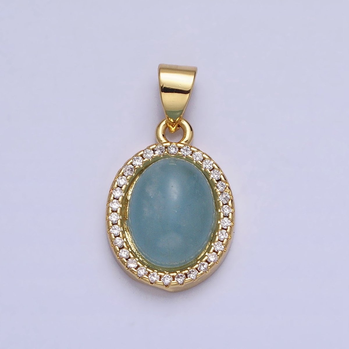 24K Gold Filled Natural Blue Agate, Moonstone, Rose Quartz, Amazonite, Amethyst Micro Paved CZ Oval Pendant | AA270 - AA274 - DLUXCA