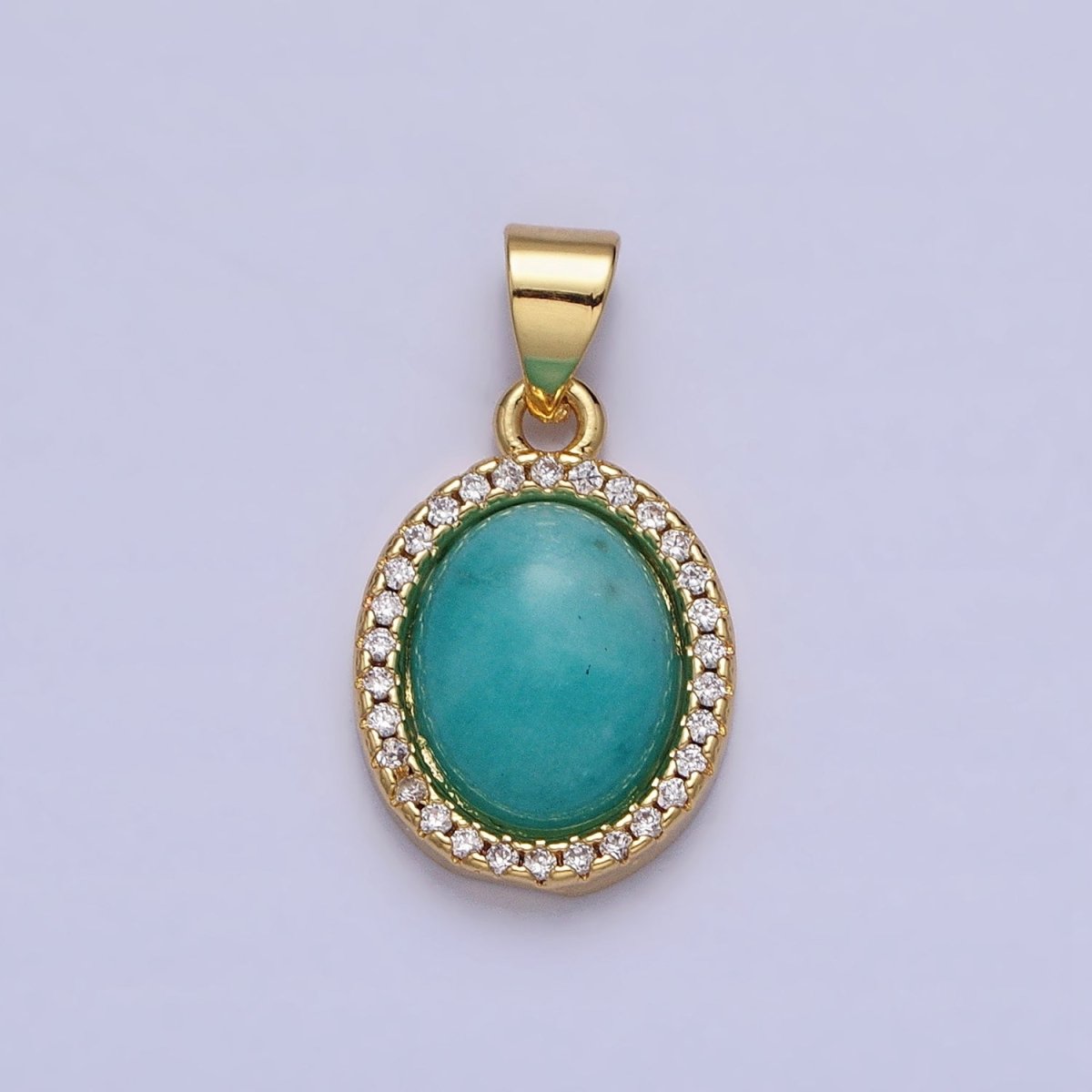 24K Gold Filled Natural Blue Agate, Moonstone, Rose Quartz, Amazonite, Amethyst Micro Paved CZ Oval Pendant | AA270 - AA274 - DLUXCA
