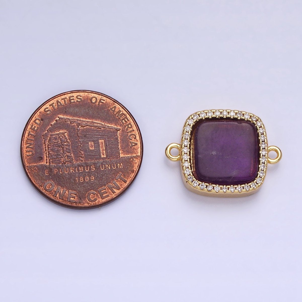 24K Gold Filled Natural Gemstone Rose Quartz, Blue Agate, Amethyst Micro Paved CZ Flat Square Connector | AA-826~AA-828 - DLUXCA