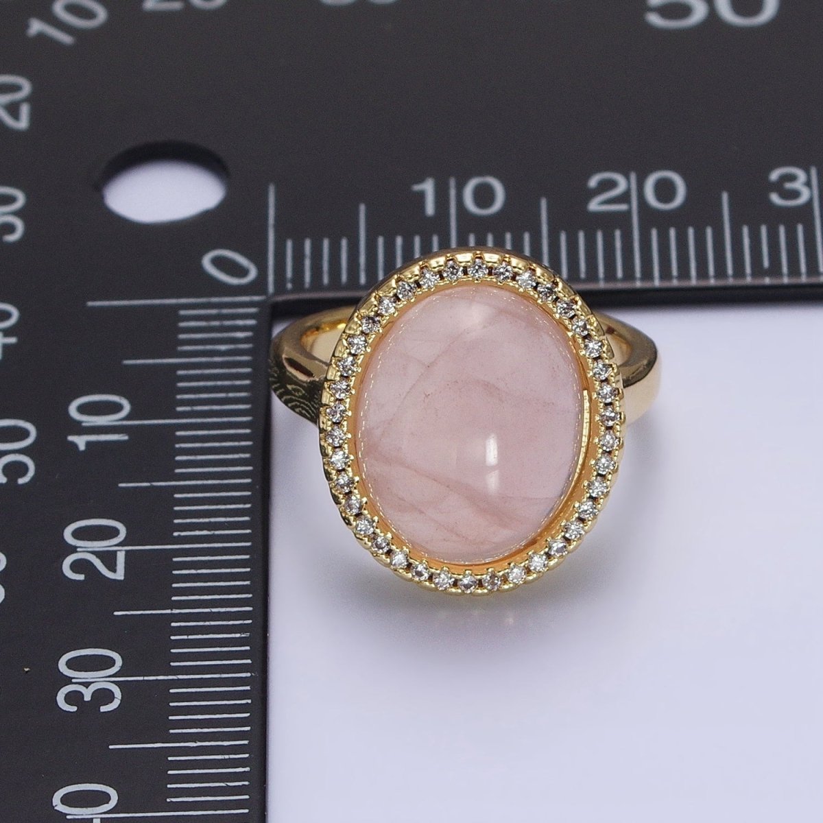 24K Gold Filled Natural Gemstone Rose Quartz Micro Paved CZ Round Healing Crystal Ring | O-005 - DLUXCA