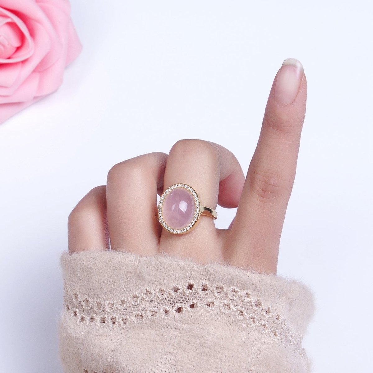 24K Gold Filled Natural Gemstone Rose Quartz Micro Paved CZ Round Healing Crystal Ring | O-005 - DLUXCA