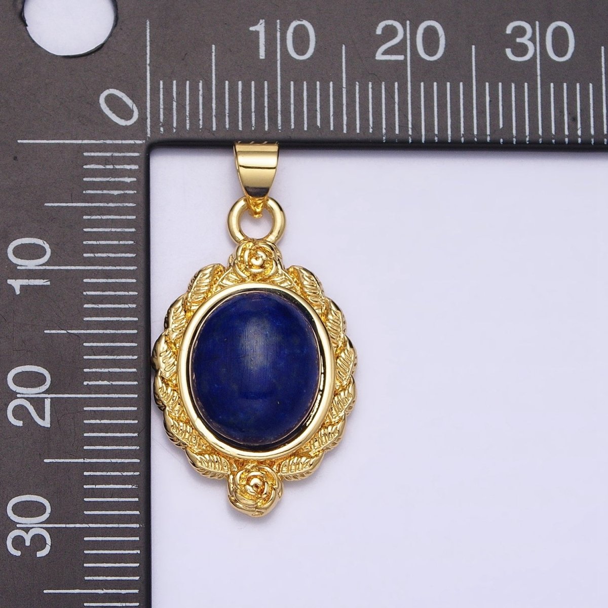 24k Gold Filled Natural Stone Lapiz Lazuli, Malachite Charms, Gold Oval Cabochon Pendant with Flower Frame AA286 AA287 - DLUXCA
