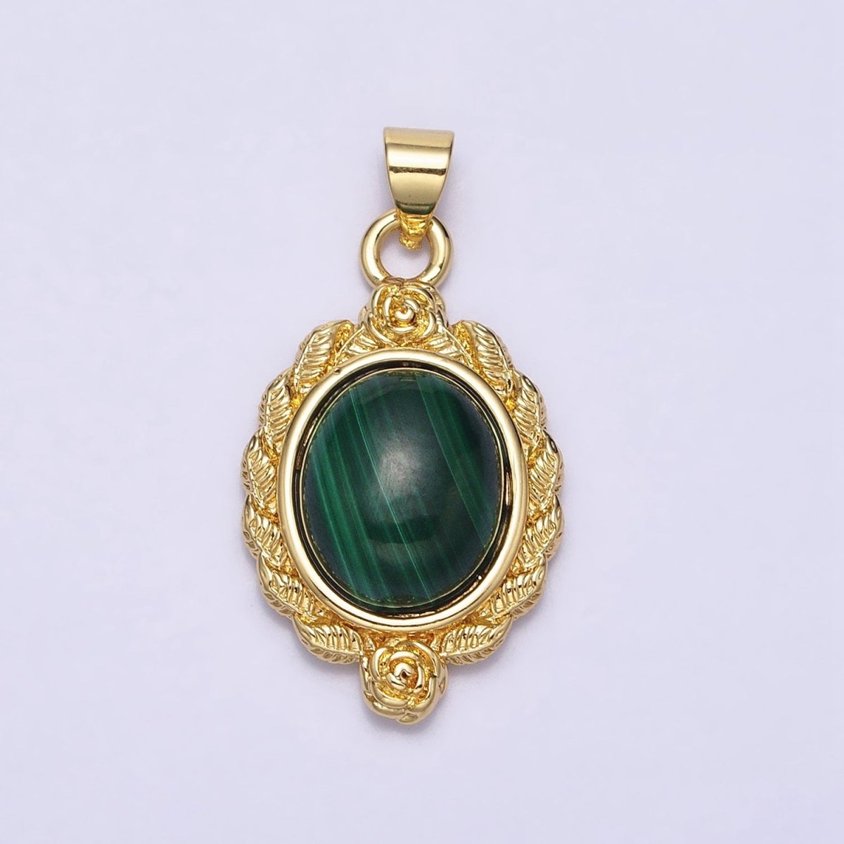 24k Gold Filled Natural Stone Lapiz Lazuli, Malachite Charms, Gold Oval Cabochon Pendant with Flower Frame AA286 AA287 - DLUXCA