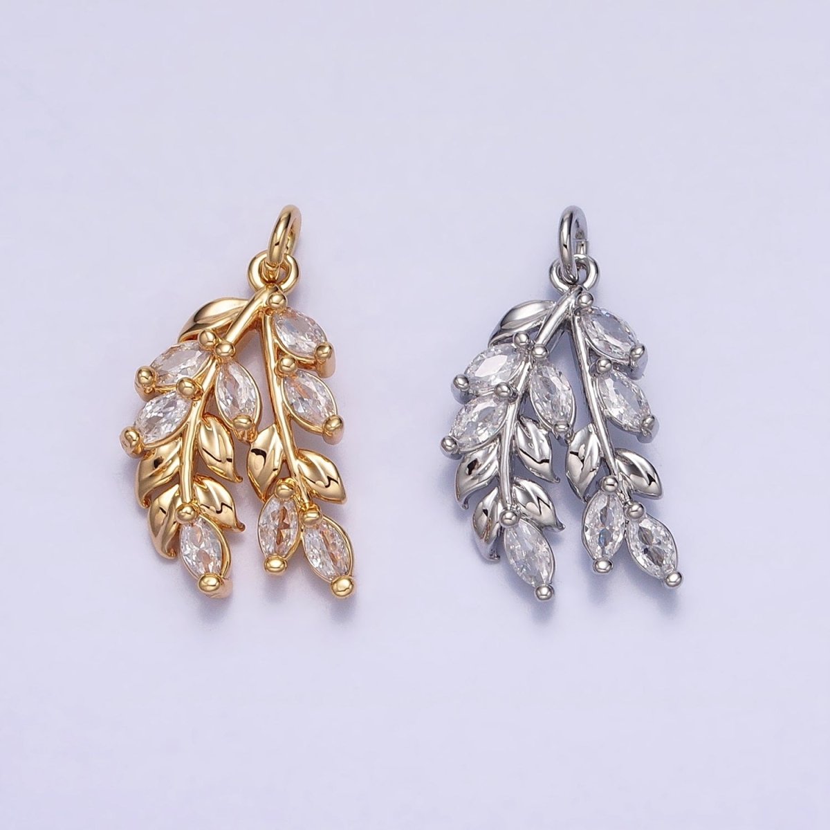 24K Gold Filled Nature Double Marquise Clear Olive Leaf Plant Add-On Charm | AC602 AC625 - DLUXCA