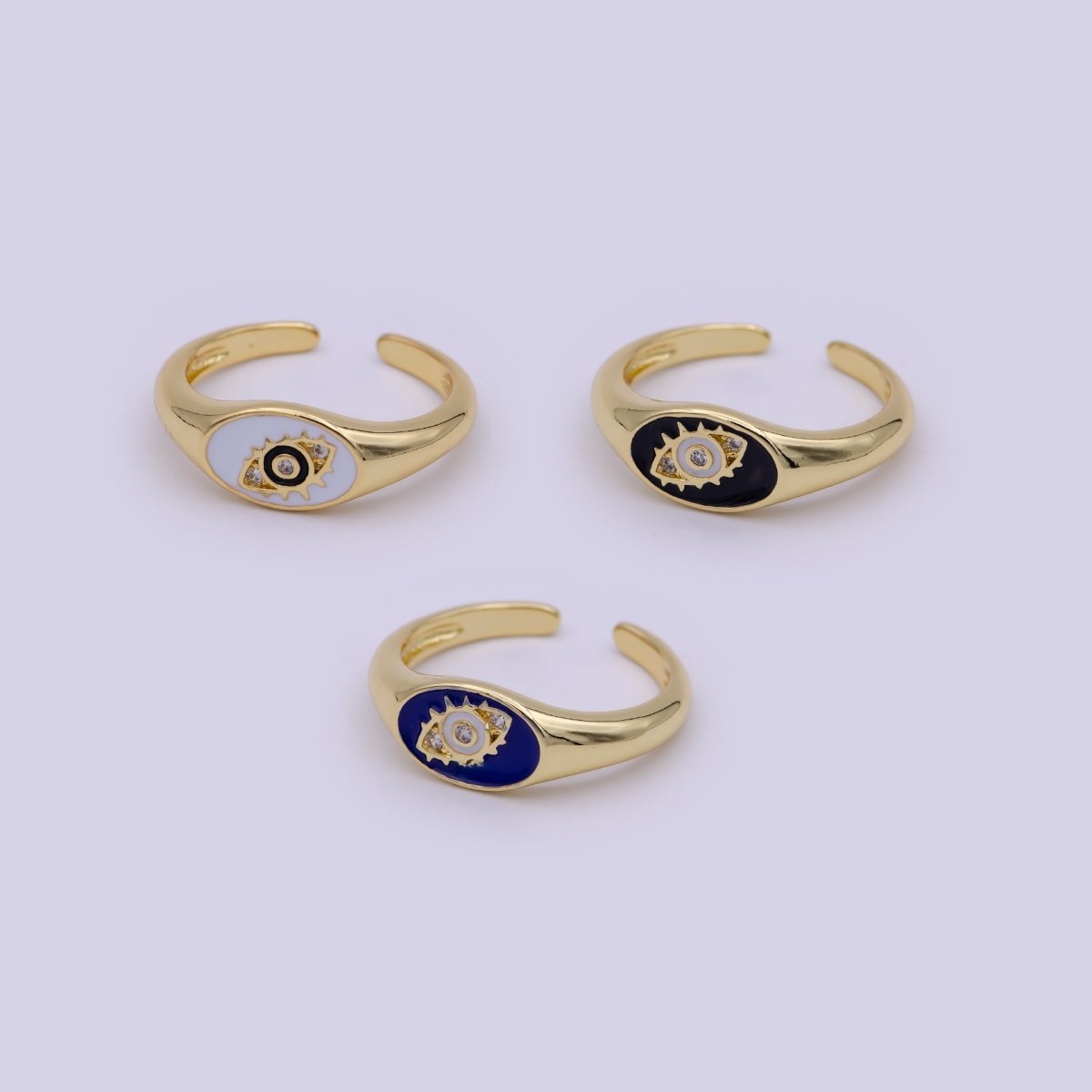 24K Gold Filled Navy Blue, White, Black Enamel Evil Eye CZ Crystal Zirconia Adjustable Stacking Ring | U-401-U-403 - DLUXCA
