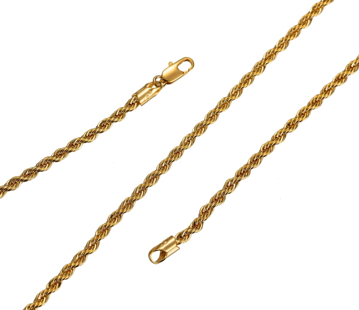 24K Gold Filled Necklace - 2mm Rope Necklace, 2mm In Width - 17.7 Inches Rope Necklace w/ Lobster Clasps | CN-435 - DLUXCA