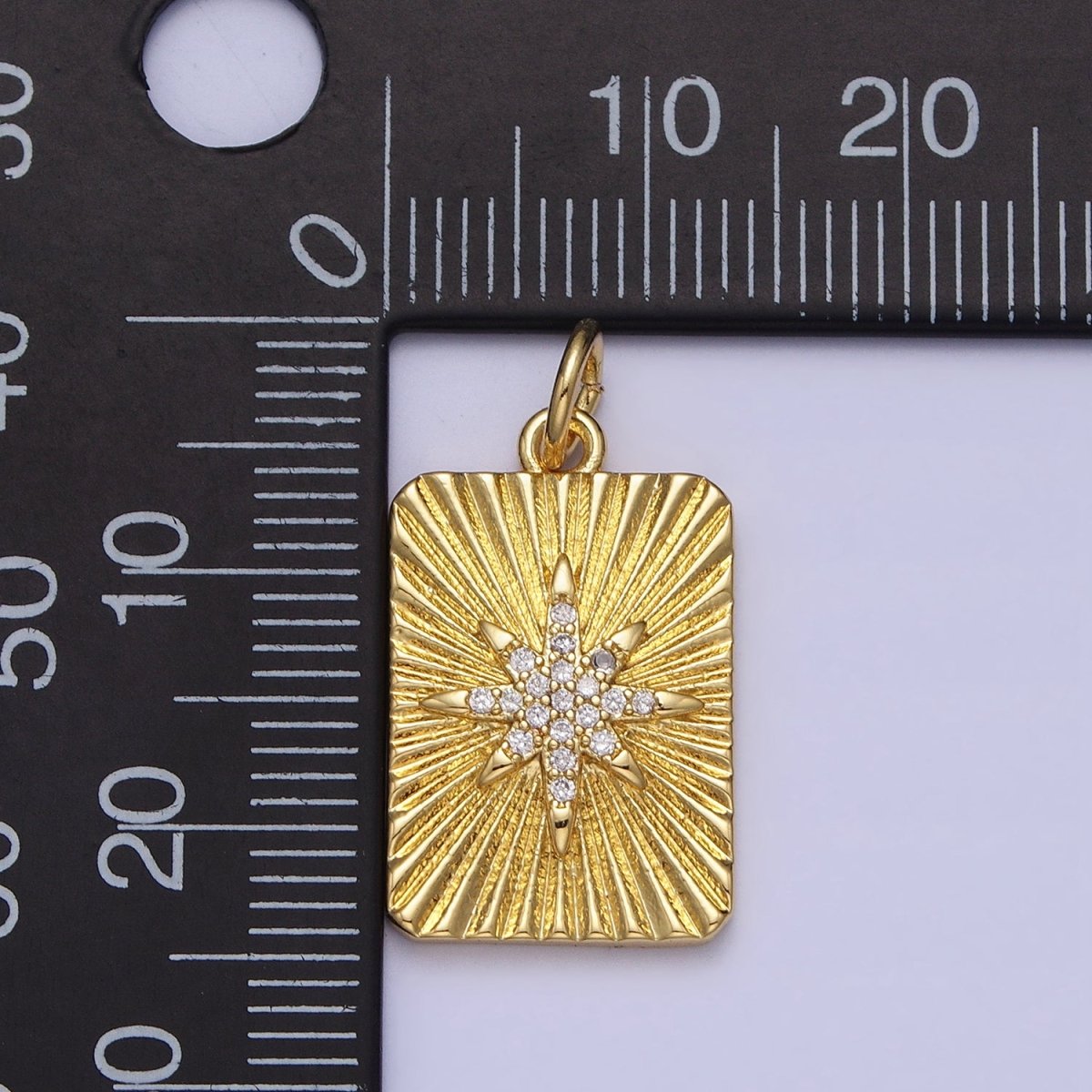 24K Gold Filled North Star Celestial Clear CZ Micro Paved Sunburst Textured Tag Charm | AC360 - DLUXCA