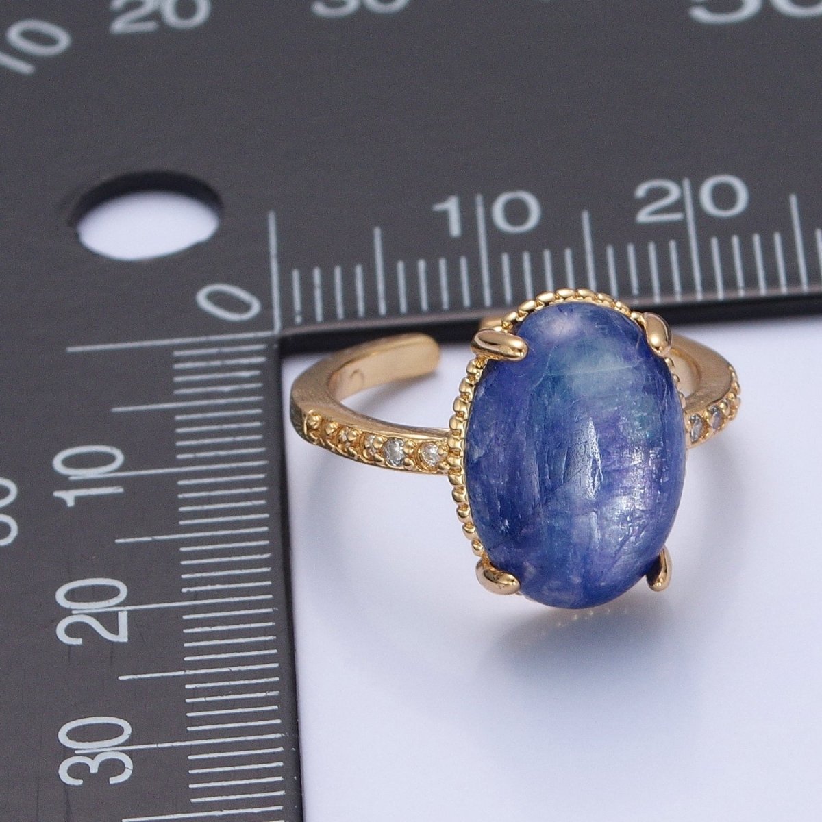 24K Gold Filled Oval Blue Lapiz Stone Ring with Micro Pave CZ Band O-2276 - DLUXCA