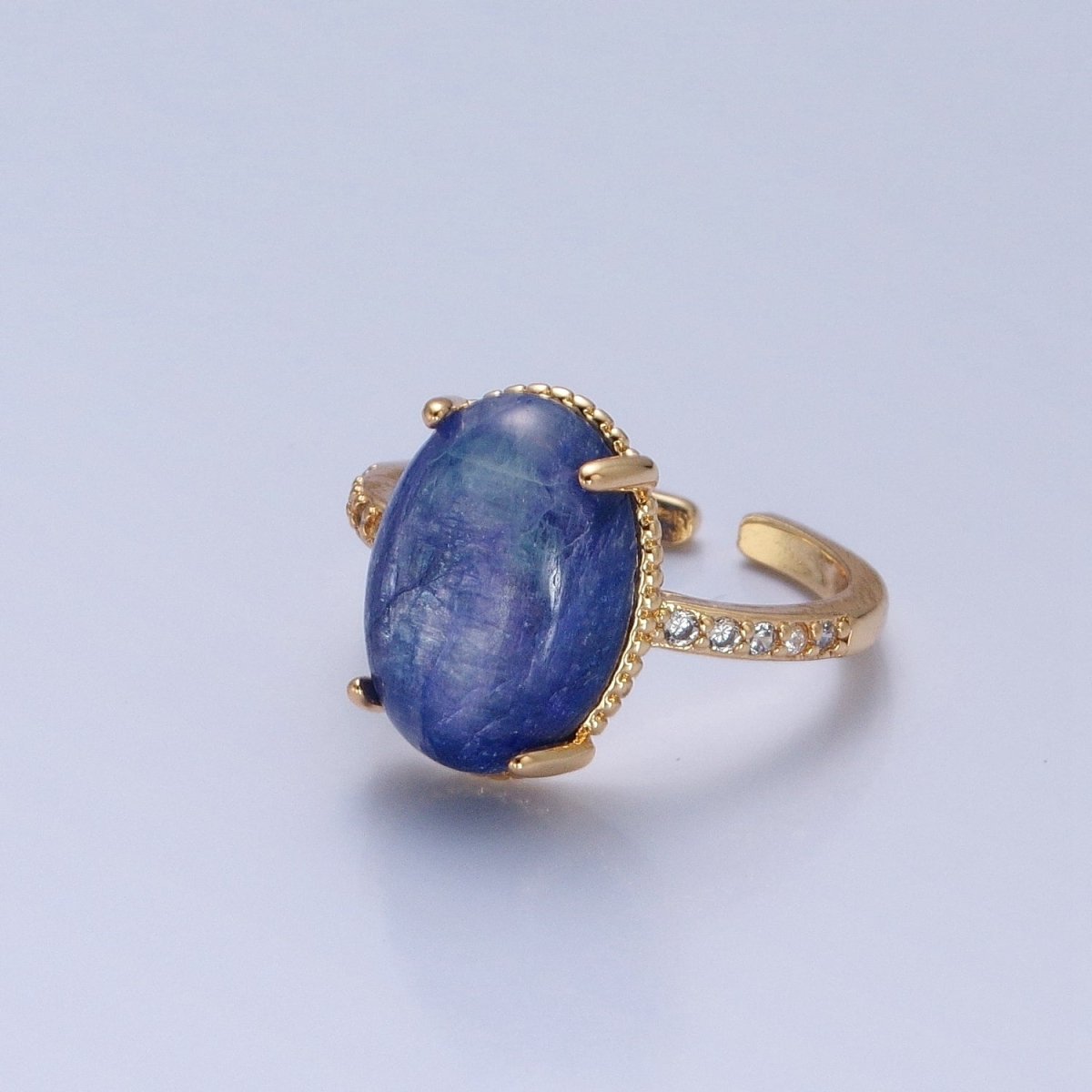 24K Gold Filled Oval Blue Lapiz Stone Ring with Micro Pave CZ Band O-2276 - DLUXCA