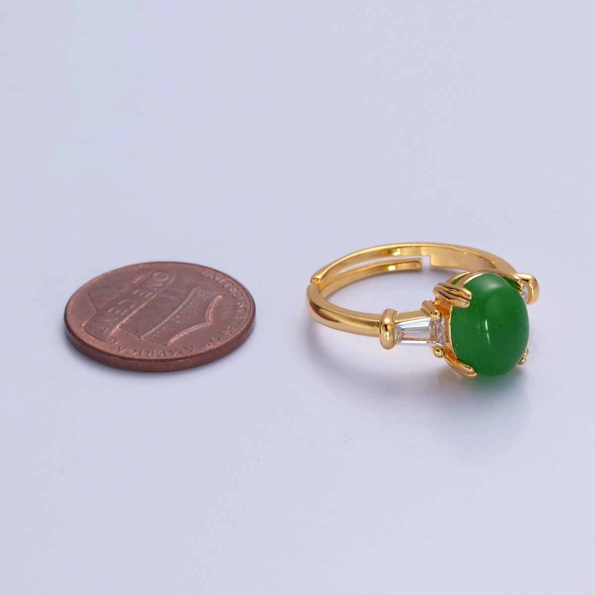 24K Gold Filled Oval Green Kade with Baguette CZ Statement Ring O-773 - DLUXCA
