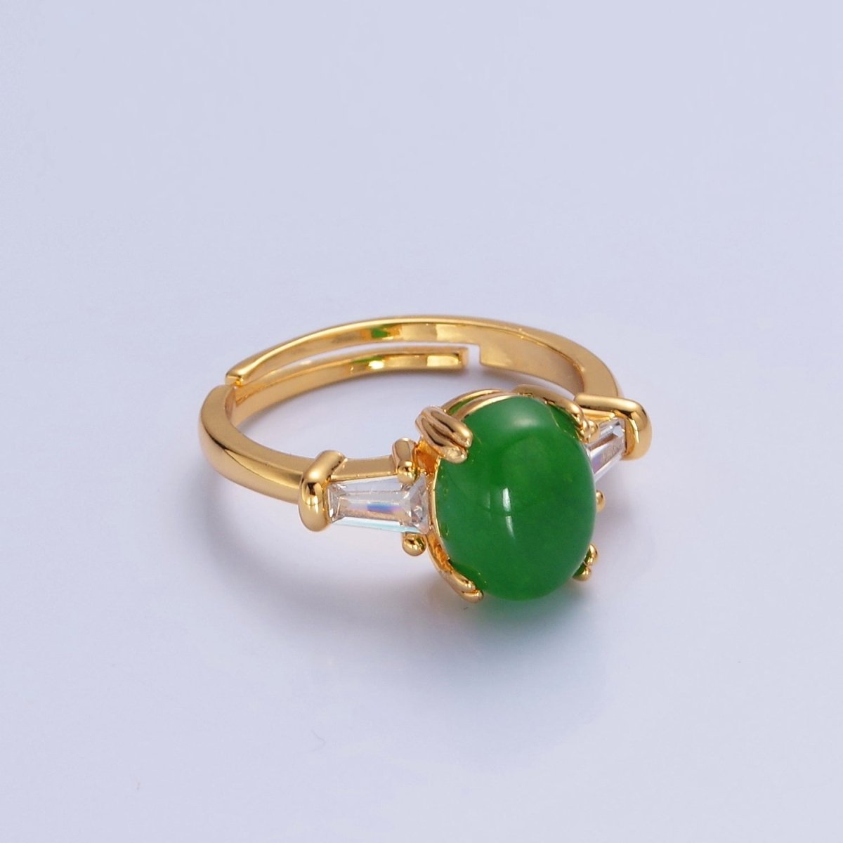 24K Gold Filled Oval Green Kade with Baguette CZ Statement Ring O-773 - DLUXCA