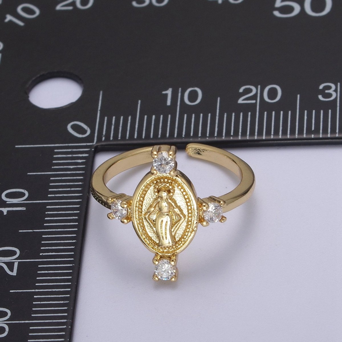 24K Gold Filled Oval Virgin Mary Ring, Crystal Zirconia CZ Adjustable Stacking Ring, Gift For Her | U-468 - DLUXCA