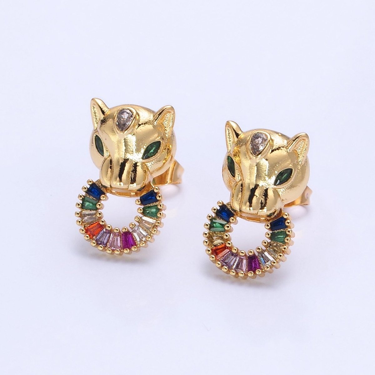 24K Gold Filled Panther Stud Earrings with Multicolor Baguette CZ Cubic Zirconia V-447 - DLUXCA