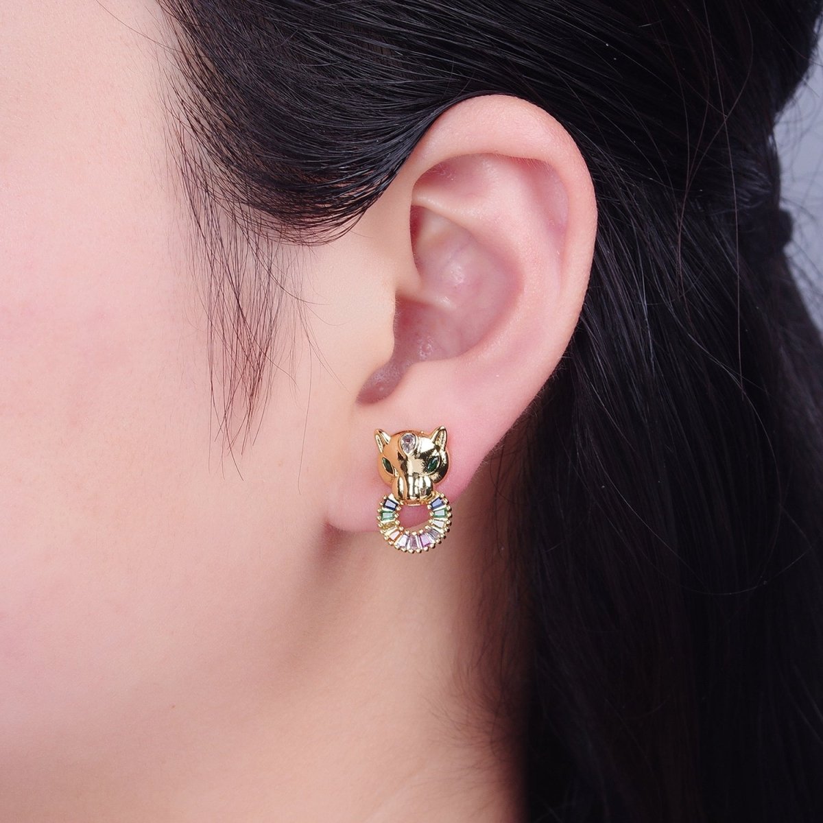 24K Gold Filled Panther Stud Earrings with Multicolor Baguette CZ Cubic Zirconia V-447 - DLUXCA