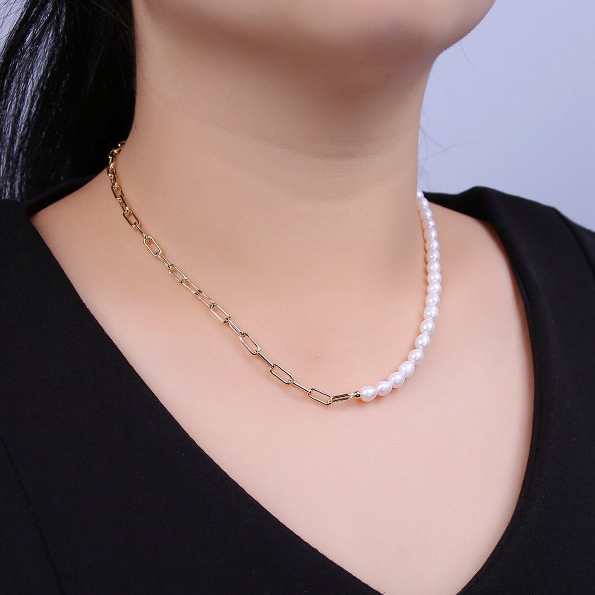 24K Gold Filled Paperclip Natural White Freshwater Pearl Half 16 Inch Choker Necklace | WA-679 Clearance Pricing - DLUXCA