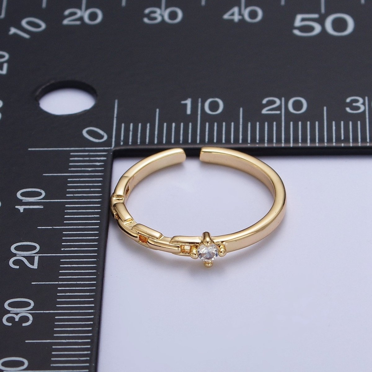 24K Gold Filled Partially Chain Link with Round Cubic Zirconia Stone Adjustable Minimalist Gold Ring | X-583 - DLUXCA