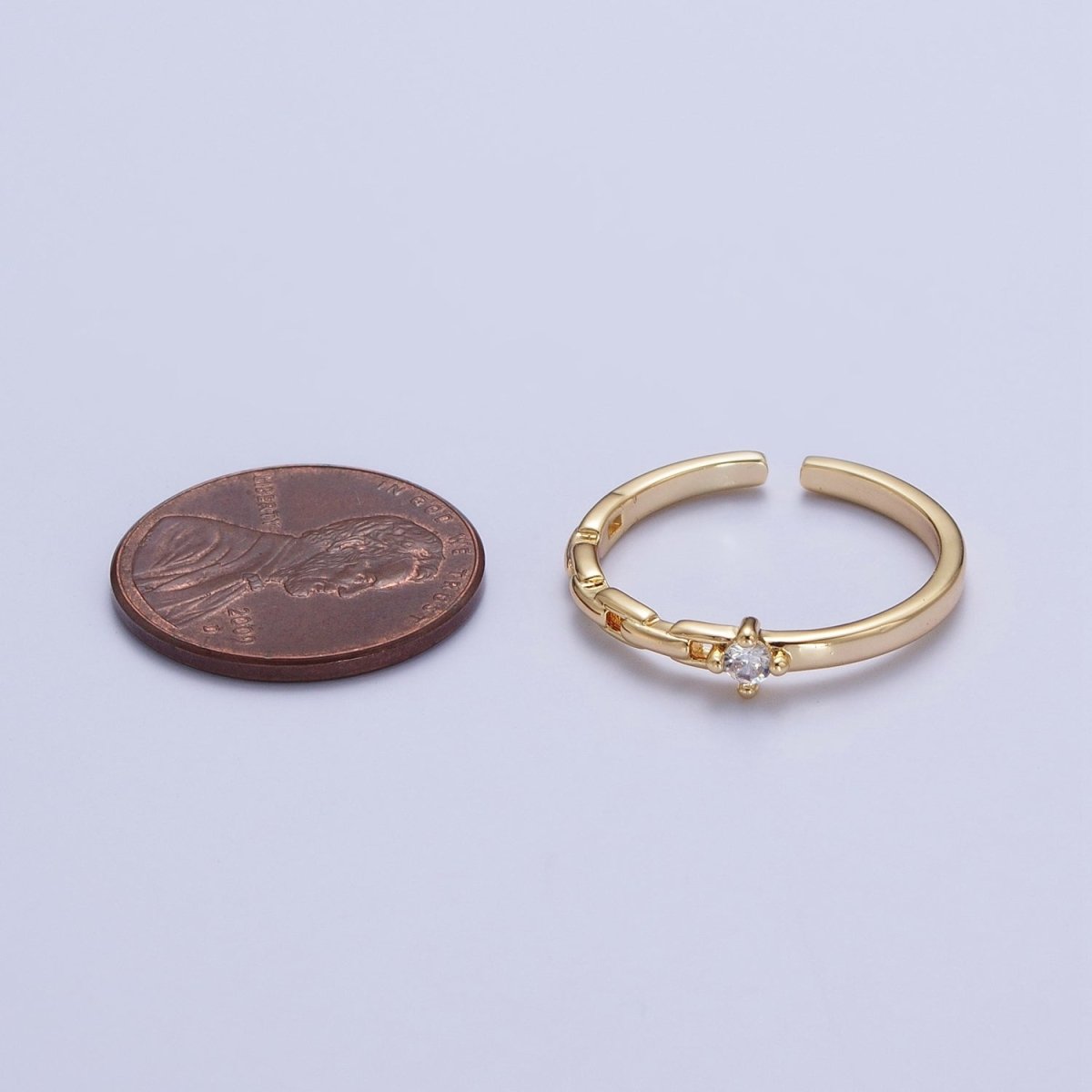 24K Gold Filled Partially Chain Link with Round Cubic Zirconia Stone Adjustable Minimalist Gold Ring | X-583 - DLUXCA