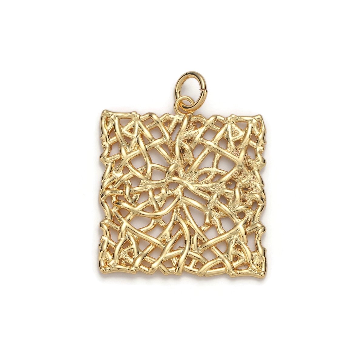 24k Gold Filled Patterned Square Charm, Branch Paisley Pendant Charm, Gold Filled Charm, For DIY Jewelry, Gold Color D-054 - DLUXCA