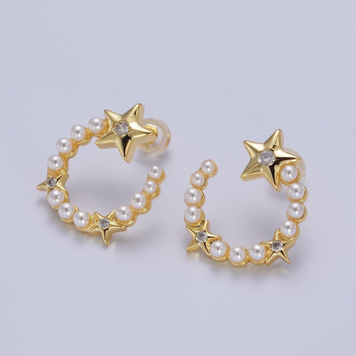 24K Gold Filled Pearl Crescent Moon Stars CZ Celestial Circular Stud Earrings | Y229 - DLUXCA