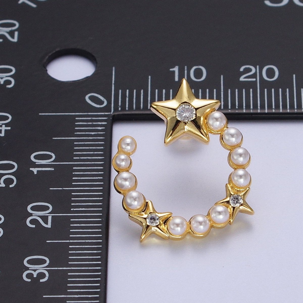 24K Gold Filled Pearl Crescent Moon Stars CZ Celestial Circular Stud Earrings | Y229 - DLUXCA