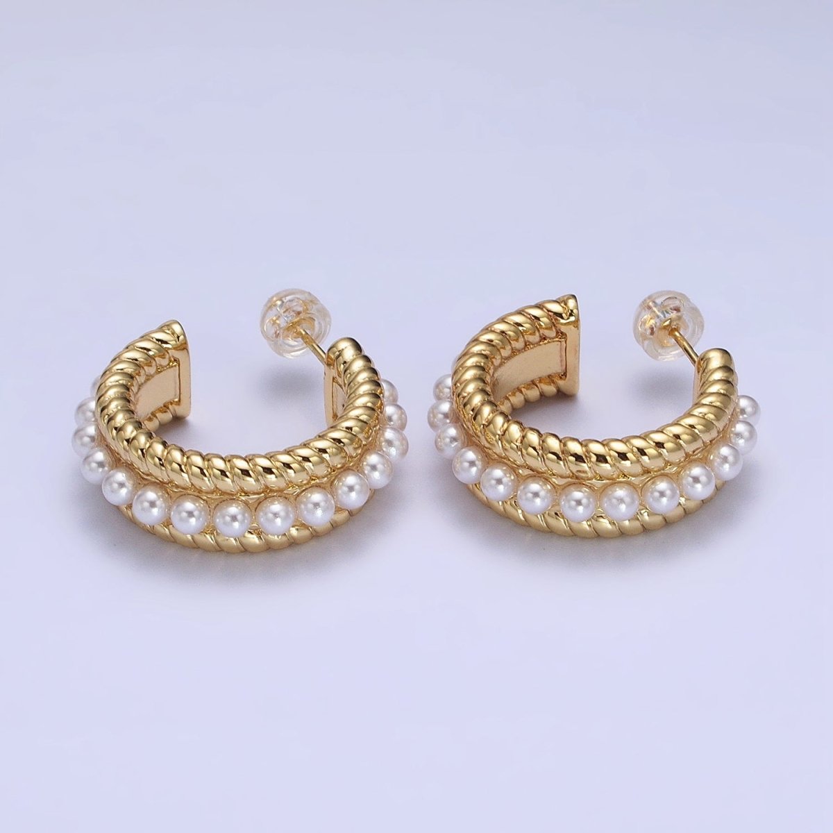 24K Gold Filled Pearl Lined Double Croissant Twist Wide C-Shaped Hoops in Gold & Silver | AB344 AB345 - DLUXCA