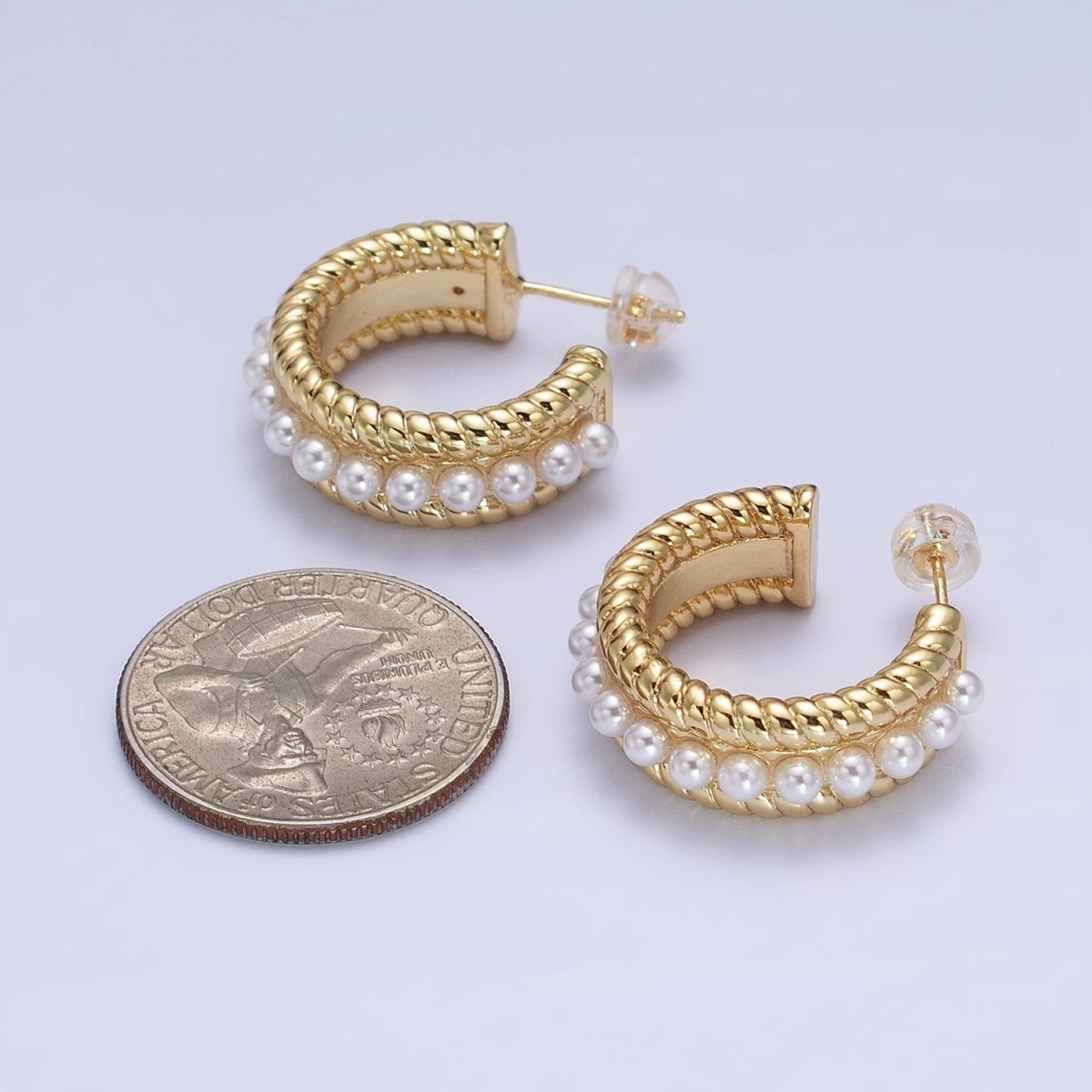 24K Gold Filled Pearl Lined Double Croissant Twist Wide C-Shaped Hoops in Gold & Silver | AB344 AB345 - DLUXCA