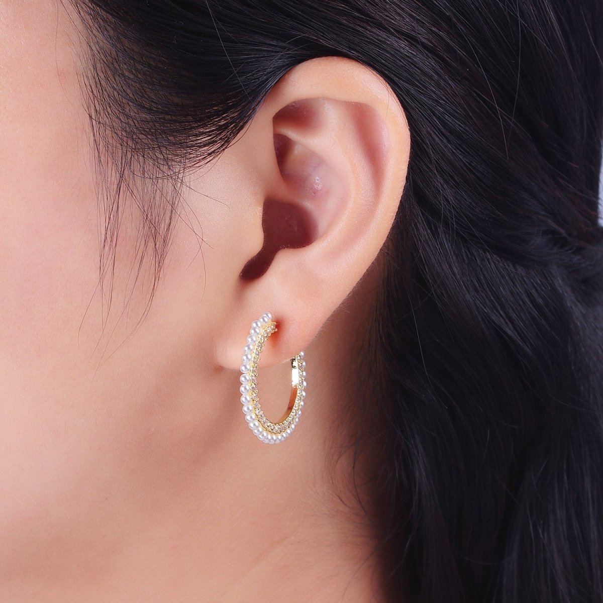 24K Gold Filled Pearl Lined Front Micro Paved CZ Side C-Shaped 26mm Hoop Earrings | Y-226 - DLUXCA