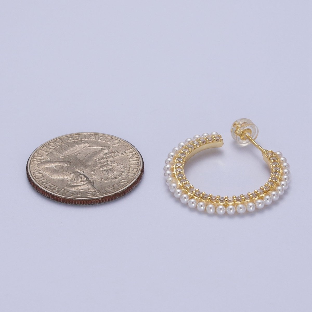 24K Gold Filled Pearl Lined Front Micro Paved CZ Side C-Shaped 26mm Hoop Earrings | Y-226 - DLUXCA