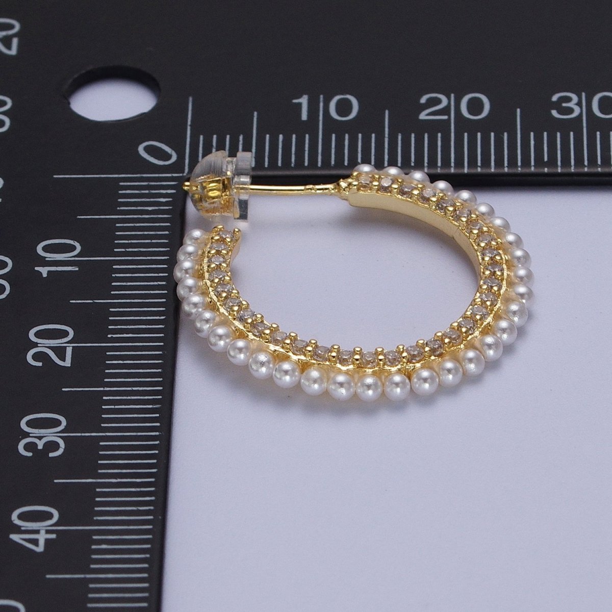 24K Gold Filled Pearl Lined Front Micro Paved CZ Side C-Shaped 26mm Hoop Earrings | Y-226 - DLUXCA