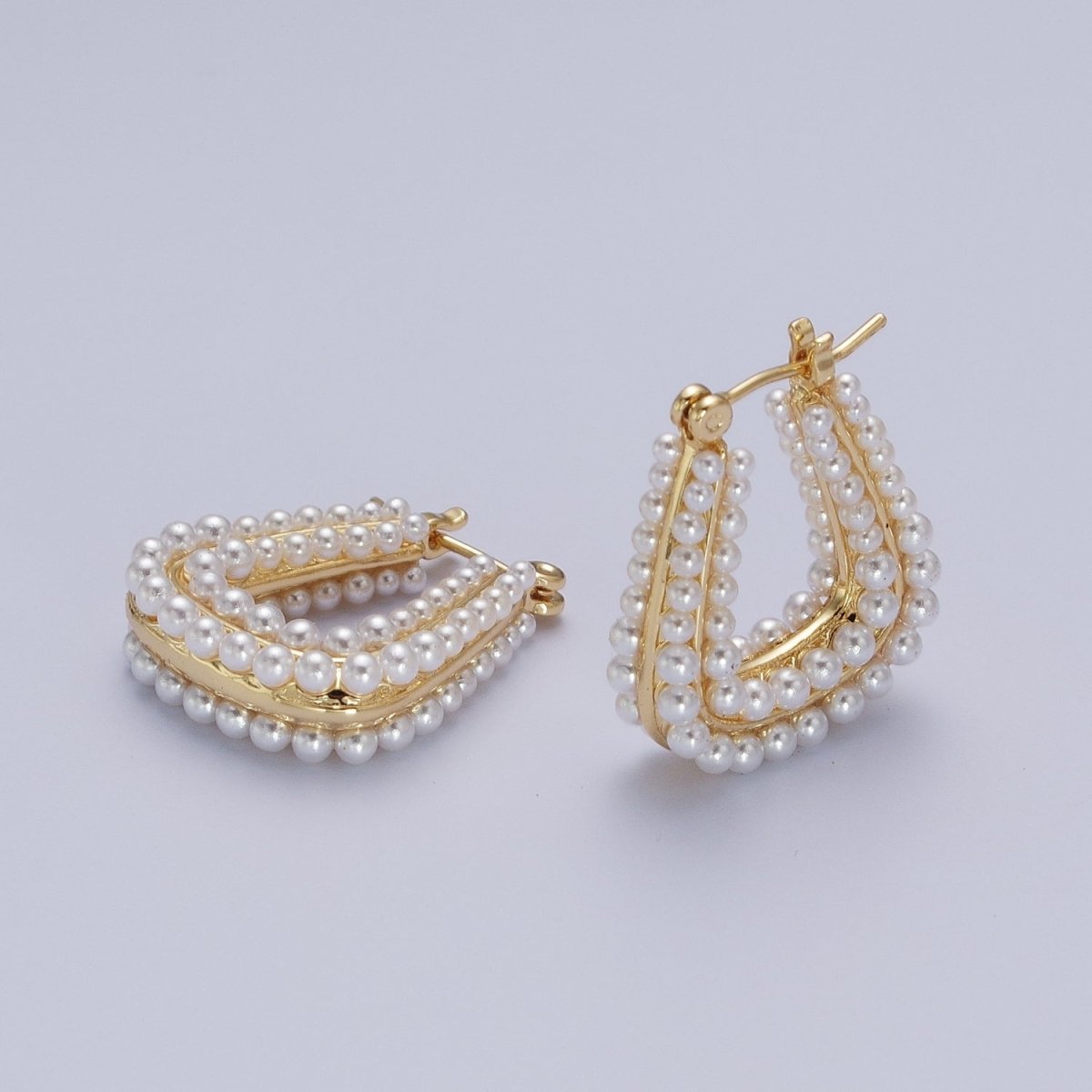 24K Gold Filled Pearl Lined Geometric Latch Hoops Earrings in Gold & Silver | V-032 V-033 - DLUXCA