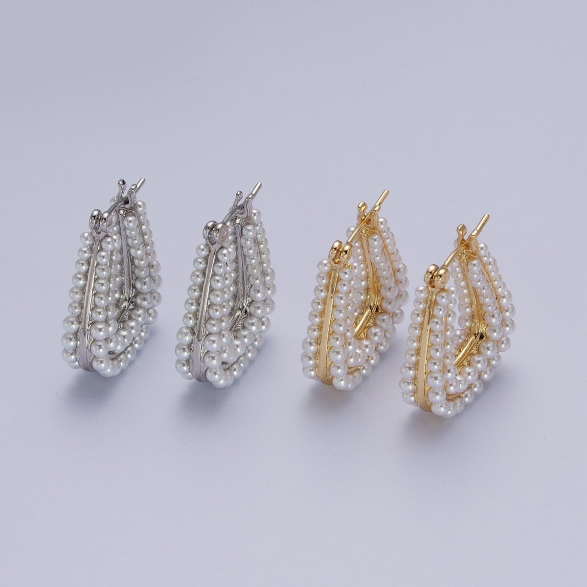 24K Gold Filled Pearl Lined Geometric Latch Hoops Earrings in Gold & Silver | V-032 V-033 - DLUXCA