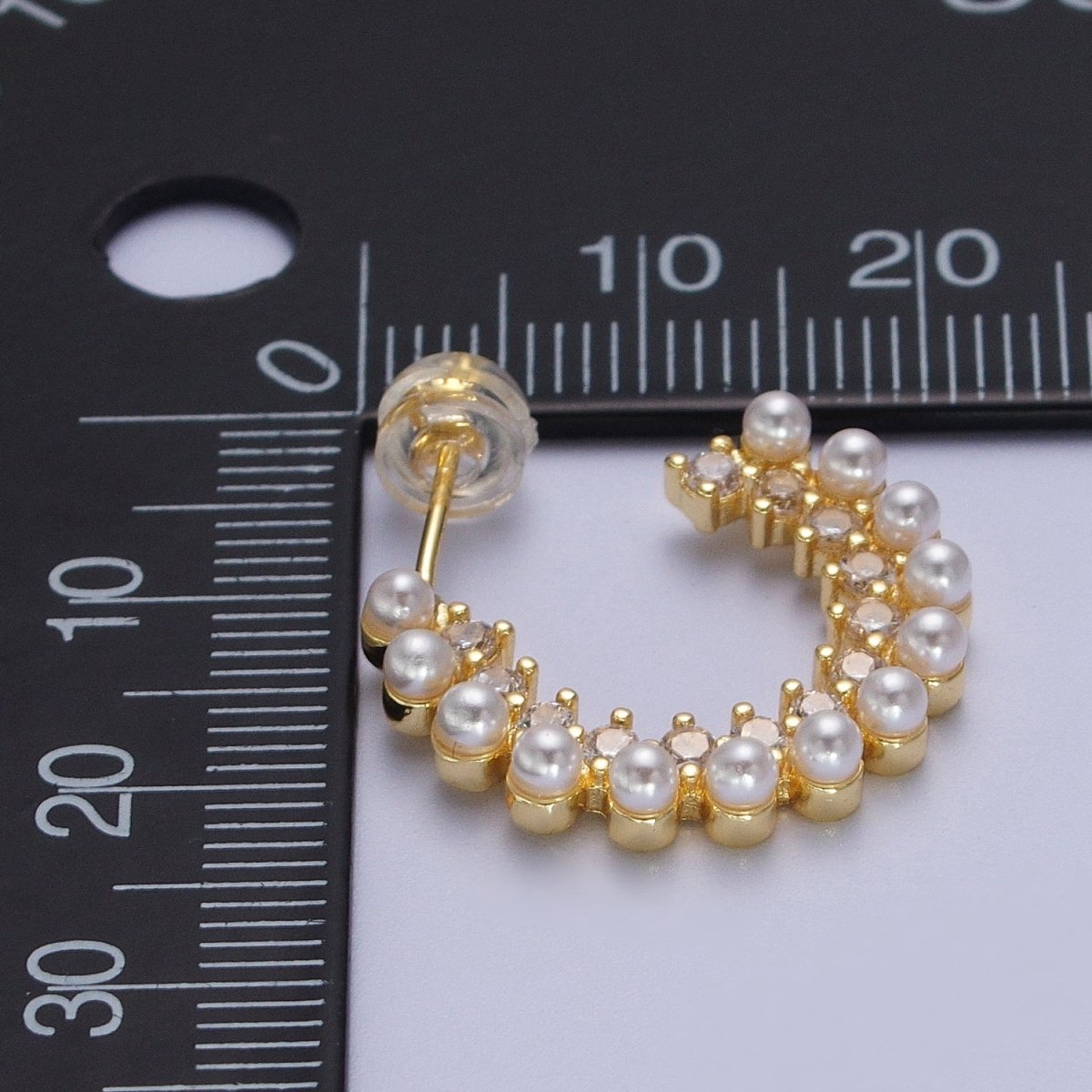 24K Gold Filled Pearl Lined Micro Paved CZ Side C-Shaped 21mm Hoop Earrings | Y-227 - DLUXCA