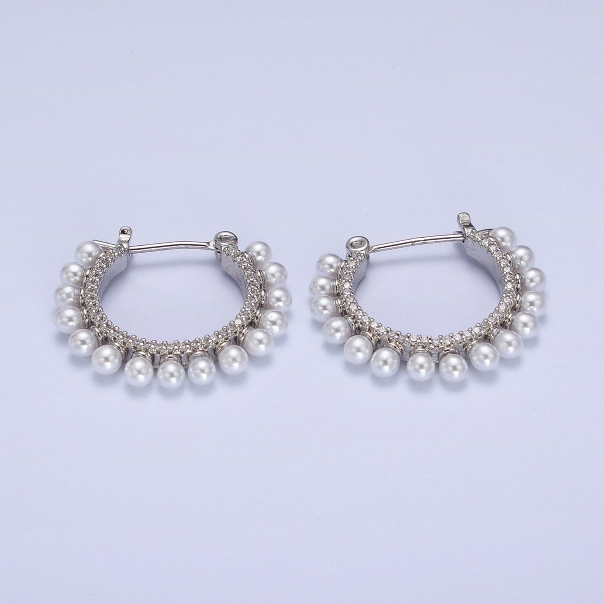 24K Gold Filled Pearl Lined Micro Paved Latch Hoop Earrings in Gold & Silver | AB348 AB349 - DLUXCA