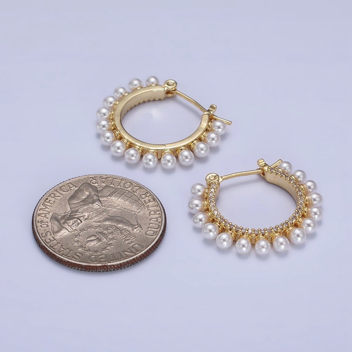 24K Gold Filled Pearl Lined Micro Paved Latch Hoop Earrings in Gold & Silver | AB348 AB349 - DLUXCA