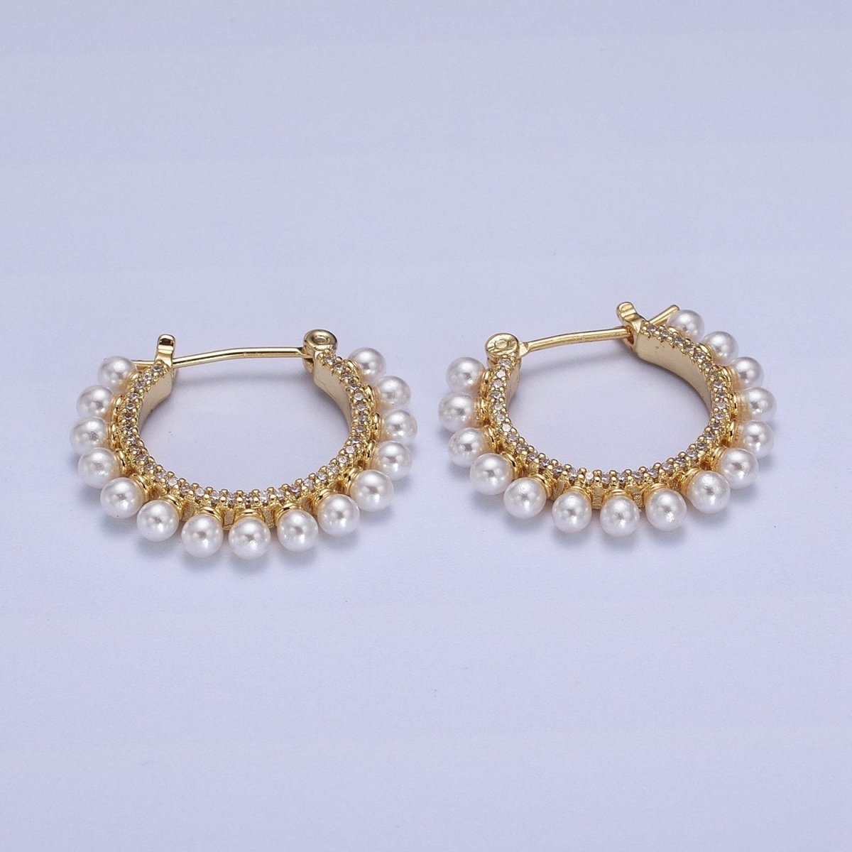 24K Gold Filled Pearl Lined Micro Paved Latch Hoop Earrings in Gold & Silver | AB348 AB349 - DLUXCA