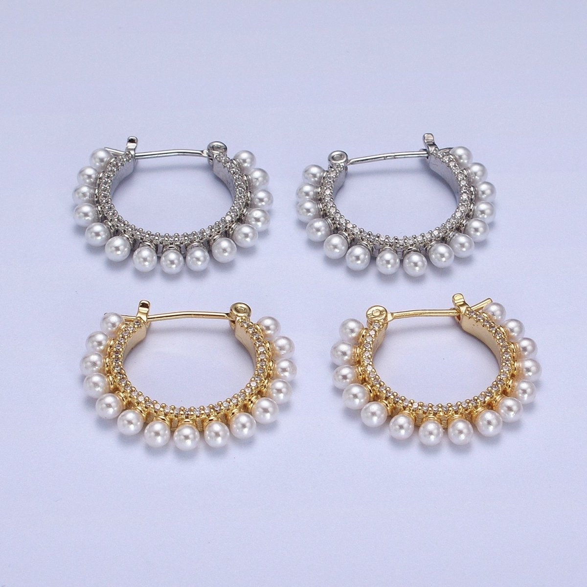 24K Gold Filled Pearl Lined Micro Paved Latch Hoop Earrings in Gold & Silver | AB348 AB349 - DLUXCA