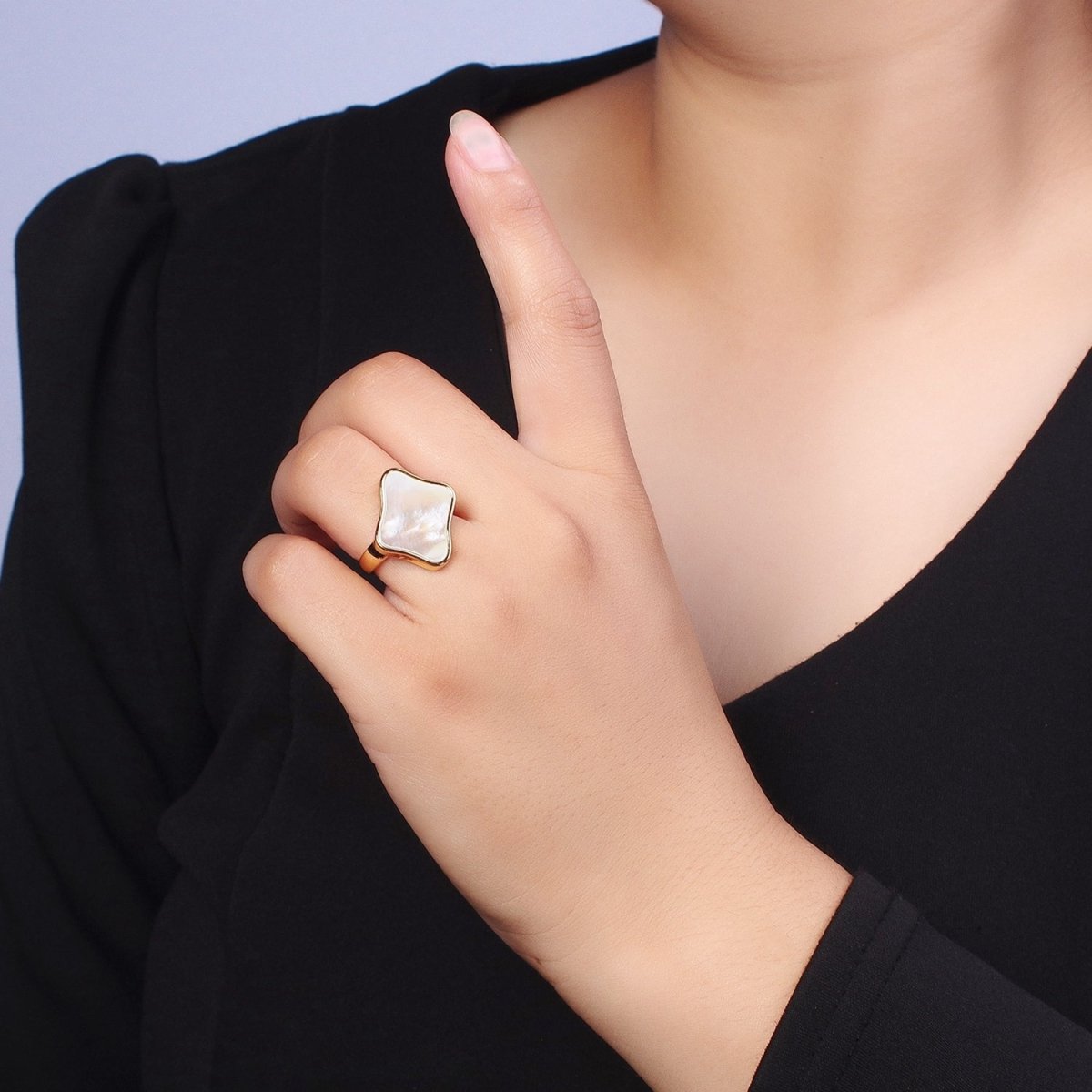 24K Gold Filled Pearl Shell Abstract Rhombus Quatrefoil Adjustable Gold Ring | X-570 - DLUXCA