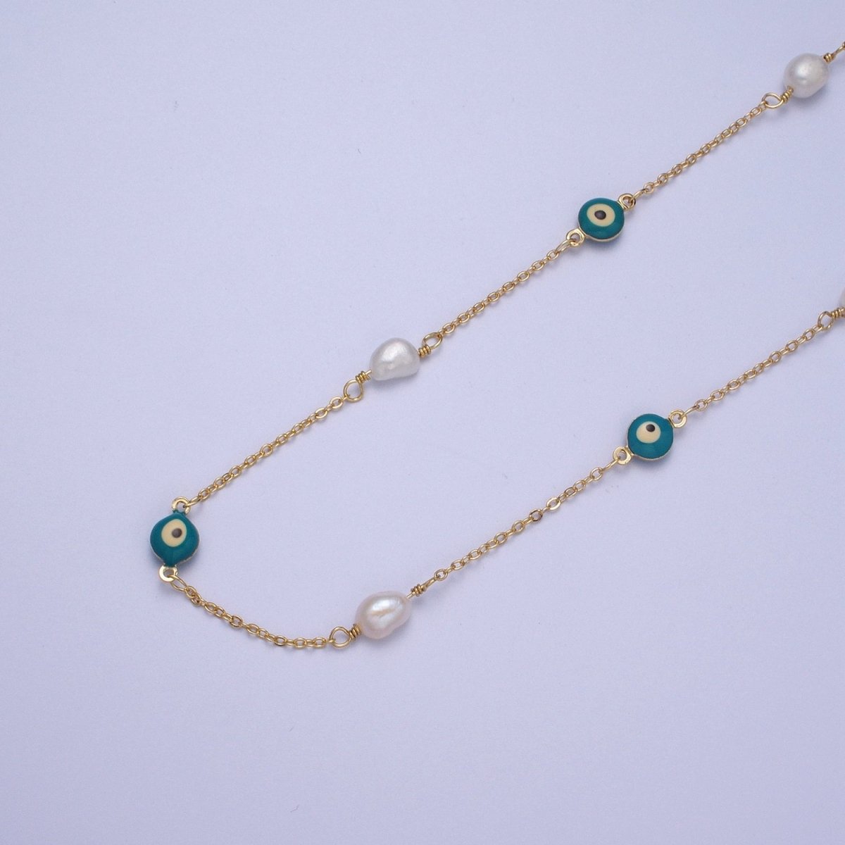 24K Gold Filled Pearl Teal Enamel Evil Eye Designed Unfinished Chain by Yard | ROLL-875 Clearance Pricing - DLUXCA