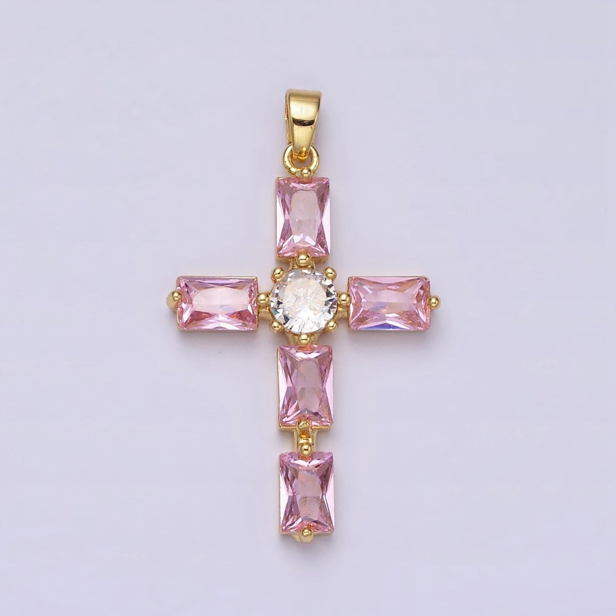 24K Gold Filled Pink, Clear Baguette Dotted Religious Cross in Silver & Gold | AA543 - AA546 - DLUXCA